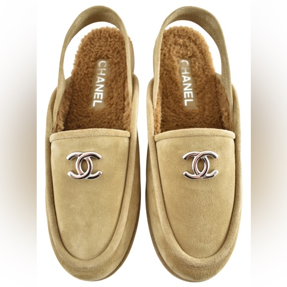 CHANEL Shoes - Chanel Dark Beige Suede Shearling CC Moccasin Ballet Slingback Loafer Flat 41